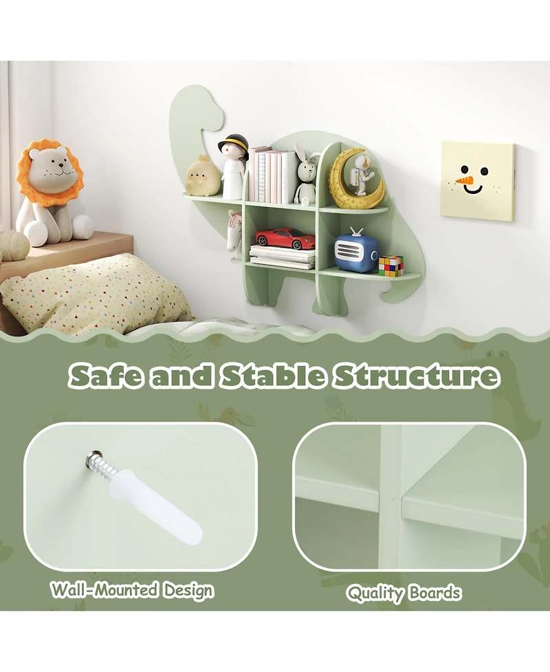 Sugift 2-Tier Floating Dinosaur Kids Bookshelf for Children