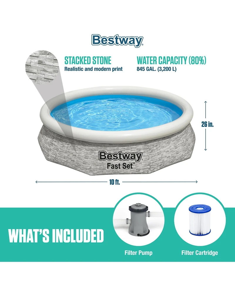 Bestway Fast Set 10' x 26" Stacked Stone Inflatable Swimming Pool Outdoor Set