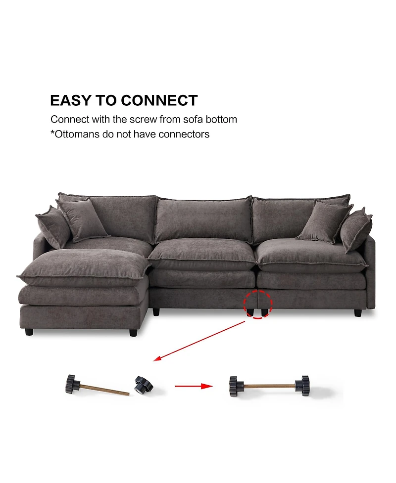 Rainsken L-Shaped Modular Sectional Sofa, 105" 3-Seater Convertible Chenille Couch with Removable Ottoman for Living Room Decor