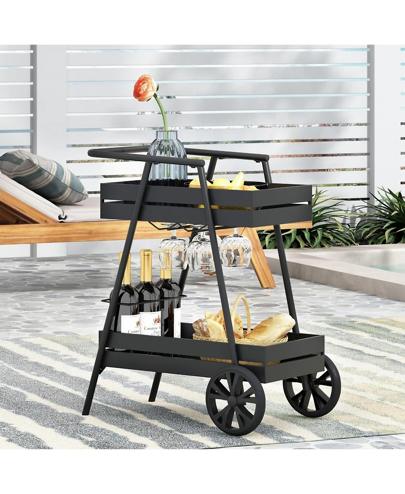 flynama Rex Modern Industrial Iron Frame Bar Cart with Wine Holders