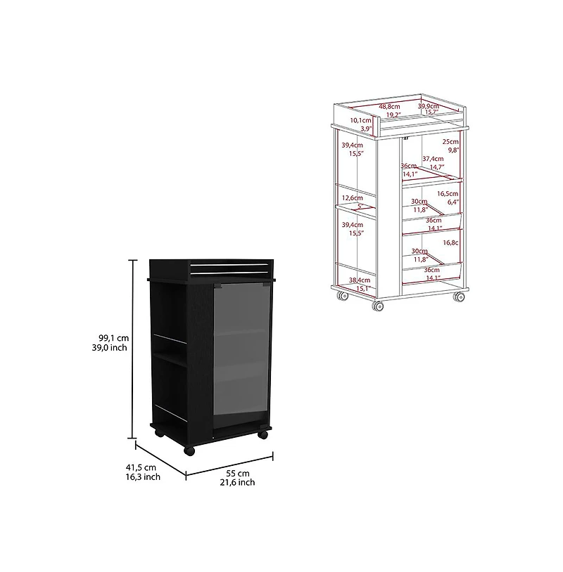 flynama Glass Door Bar Cart with 2 Side Shelves and Casters, Modern Rolling Home Bar Serving Cart