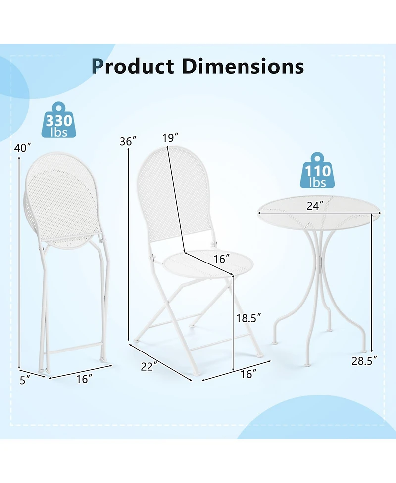 Sugift 3 Piece Metal Bistro Patio Round Table and 2 Folding Chairs Set