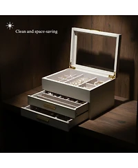 Yigii 3-Layer Clear Window Wood Grain Jewelry Organizer Box for Earrings Bracelets Necklaces Rings High Capacity Storage Gift
