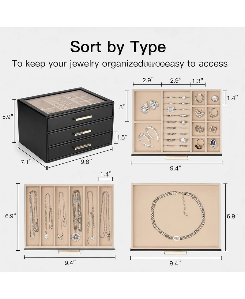 Yigii 3-Layer Organizer with Drawers Glass Lid Display Storage Soft Pu Leather Exterior Contrast Metal Handles Refined Style