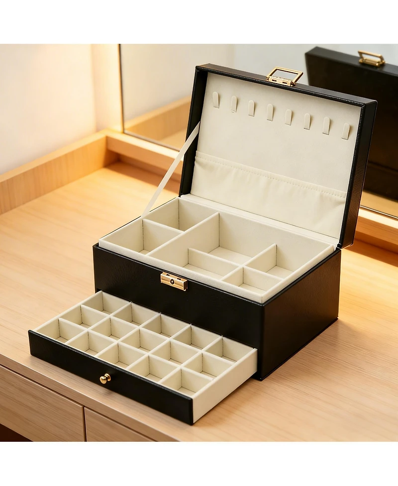 Yigii 3-Layer Faux Leather Jewelry Organizer Box Large Storage for Earrings Rings Necklaces Bracelets Watches