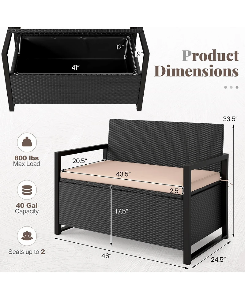 Gouun Wicker Loveseat Storage Bench with 40-Gallon Compartment and Cushion