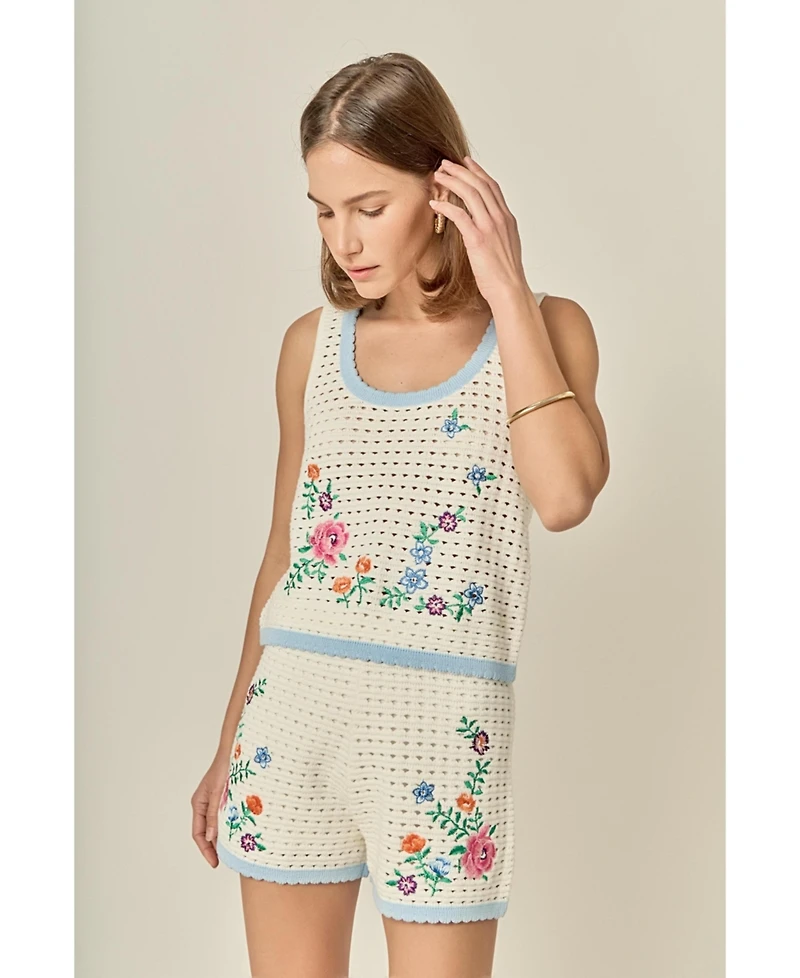 English Factory Women's Flower Embroidery Crochet Top