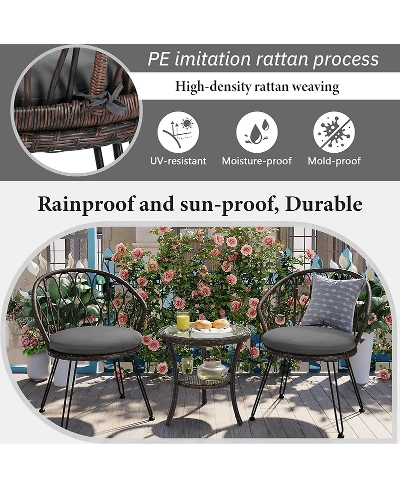 Rainsken Rattan Balcony Furniture Set of 3, Weather Resistant Wicker Bistro Chairs with Round Glass Table, Perfect for Patio, Backyard and Garden