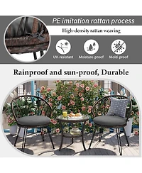 Rainsken Rattan Balcony Furniture Set of 3, Weather Resistant Wicker Bistro Chairs with Round Glass Table, Perfect for Patio, Backyard and Garden