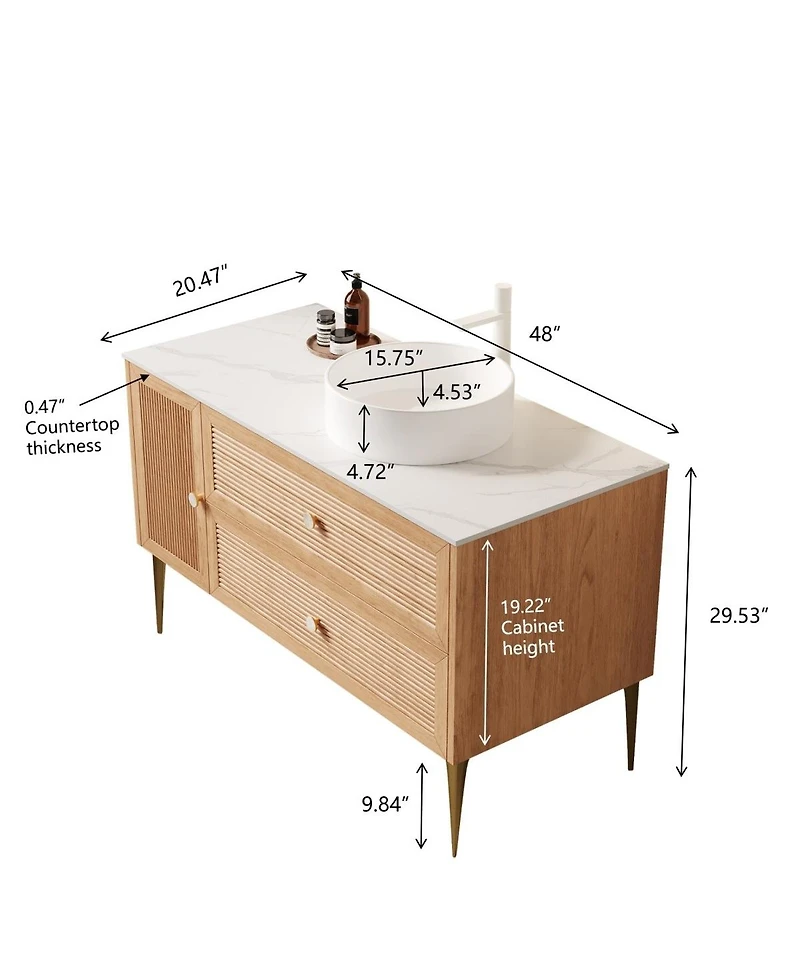 Sillysis Freestanding Bathroom Vanity with Round Ceramic Vessel Sink, Sintered Stone Top, Large Storage Drawers for Modern Spaces