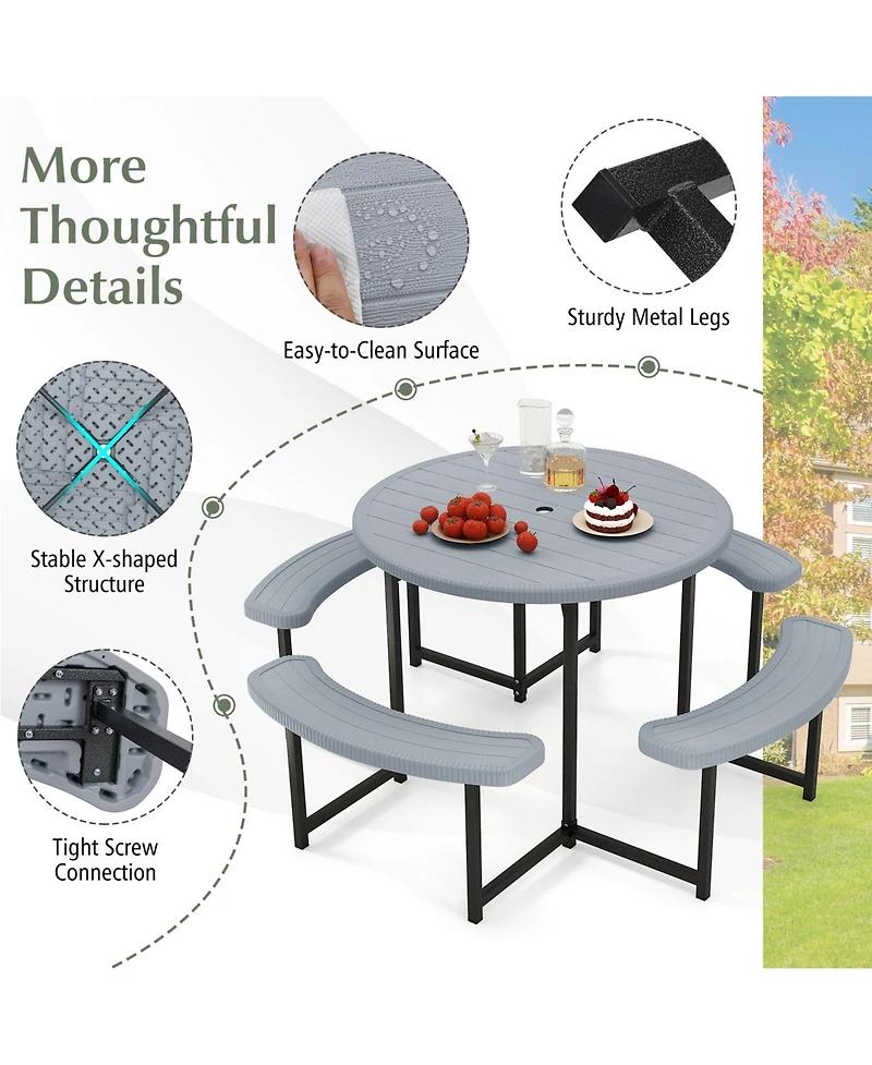 Sugift Round Picnic Table Bench Set with 4 Benches and Umbrella Hole for Patio Lawn.