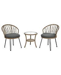 Rainsken 3 Pieces Rattan Bistro Set, Wicker Patio Chairs Set of 2 with Glass Round Table, Wicker Balcony Furniture for Porch, Backyard, Garden