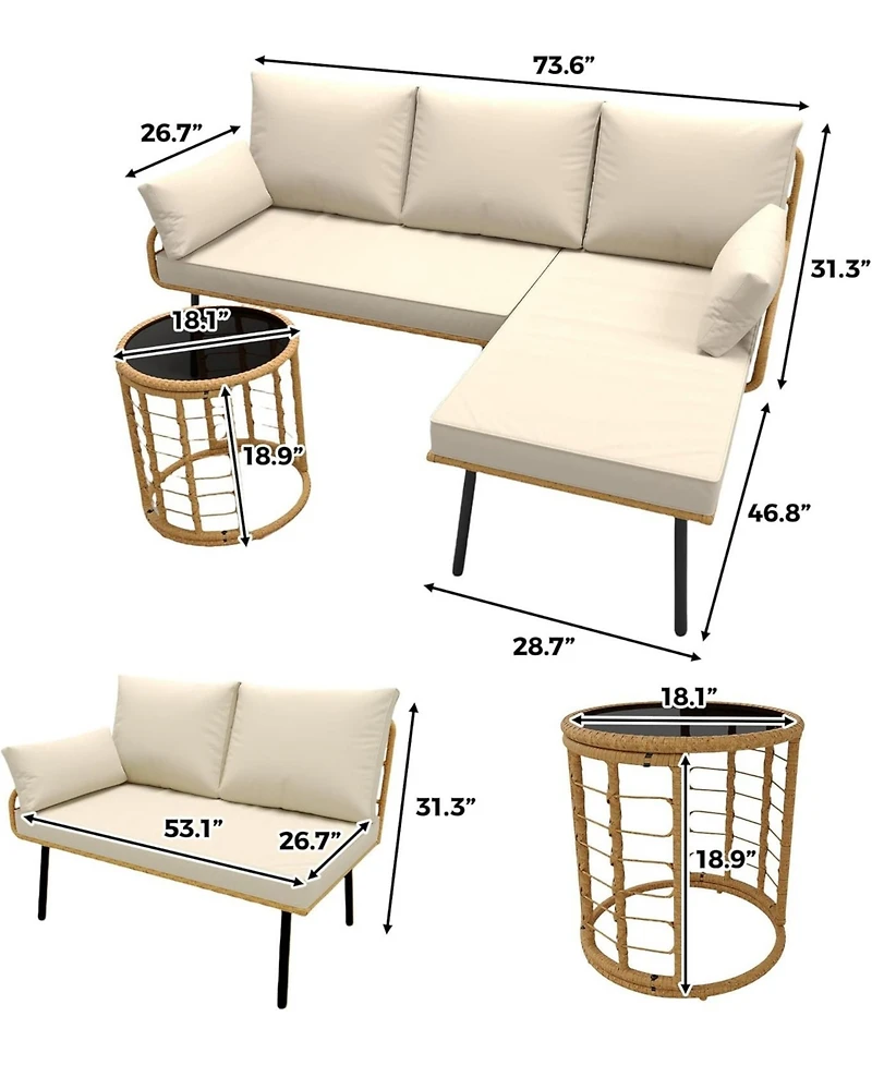 gaomon 3-Piece Patio Furniture Set, All Weather Rattan Sofa with Tempered Glass Coffee Table and Thick Cushions, Sectional L-Shaped Patio Furniture