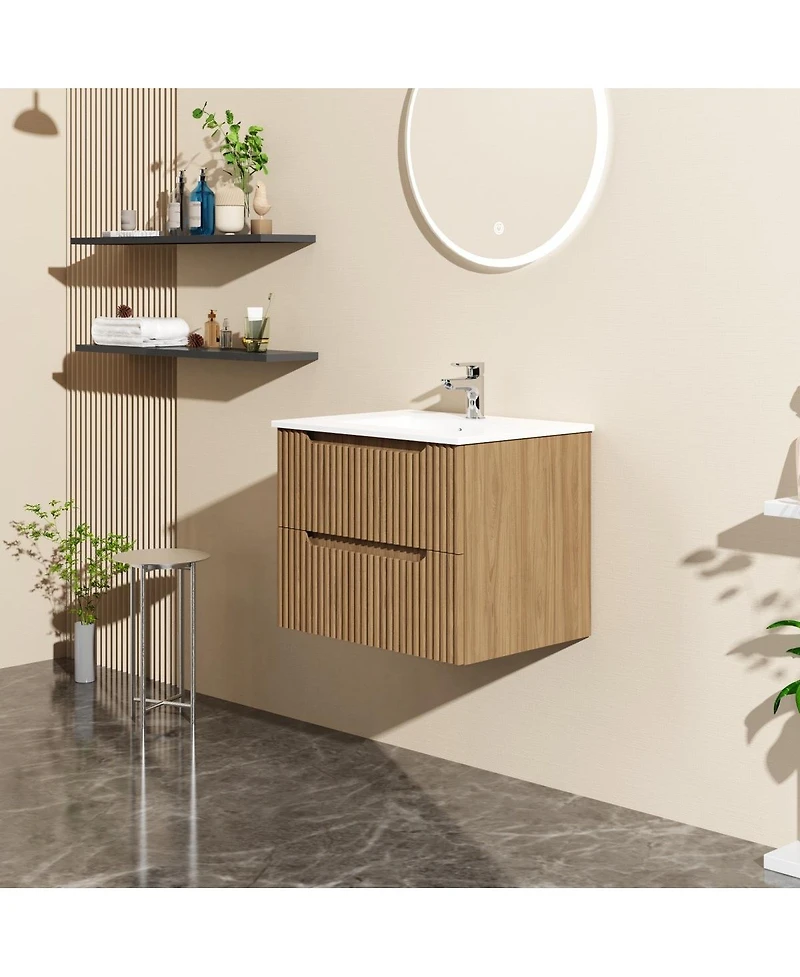 Sillysis Walnut Freestanding Bathroom Vanity with Sintered Stone Top, Ceramic Sink, Soft Close Storage, Stainless Steel Legs-Sillysis