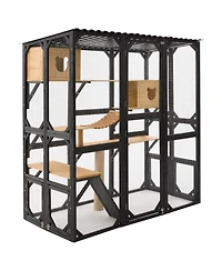 Aostirmotor Outdoor Wooden Catio, Fir Wood Cat Enclosure with Sleeping House and Jumping Platforms, Secure Cat Playpen, Black and Natural