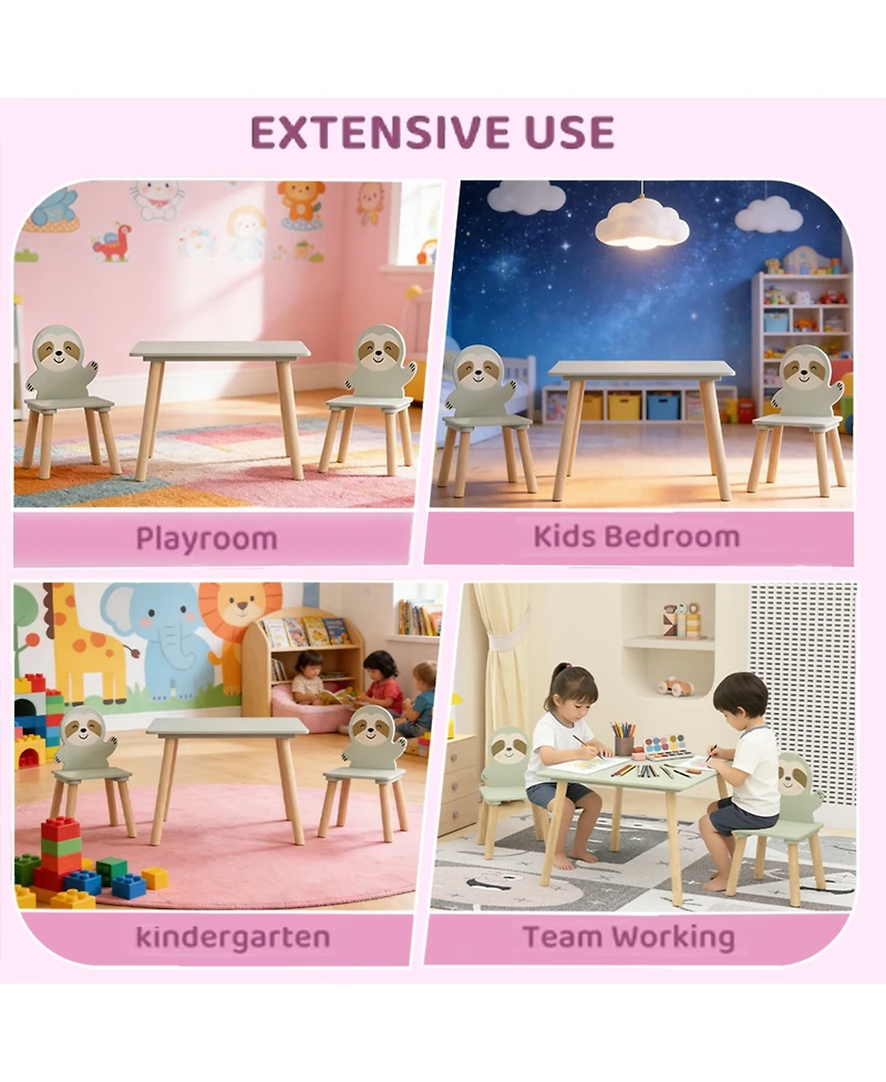 Rainsken Kids Table and Chair Set, with 2 Cute Sloth Chairs, Wood Activity Tables Drawing Play Table Set, for Age 2-6 Boy Girl