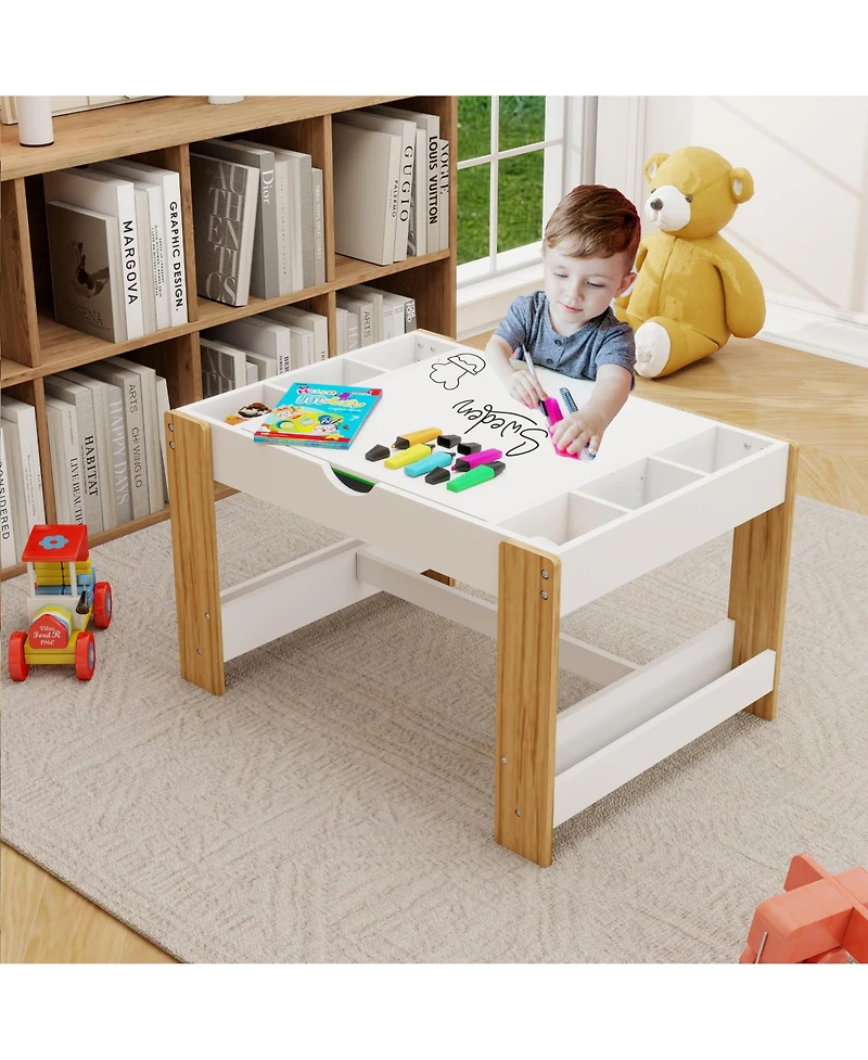 Rainsken Kids 2 in 1 Play Table with 7 Storage Compartments and Bookshelf, Modern Activity Learning Table Game Furniture