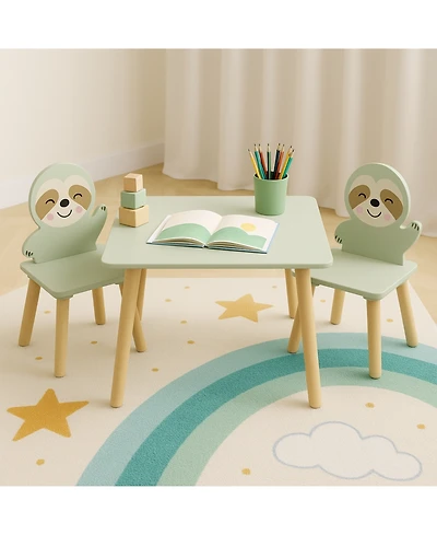 Rainsken Kids Table and Chair Set, with 2 Cute Sloth Chairs, Wood Activity Tables Drawing Play Table Set, for Age 2-6 Boy Girl