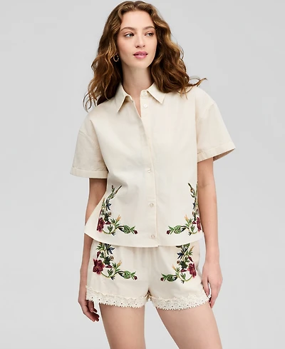 And Now This Women's Floral Embroidered Camp Shirt, Macy's Exclusive
