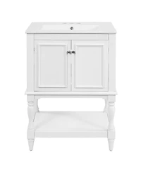 Busdays 24 Inch Modern Luxury Bathroom Vanity with Ceramic Sink Open Shelf and Closed Storage Cabinet Freestanding Design