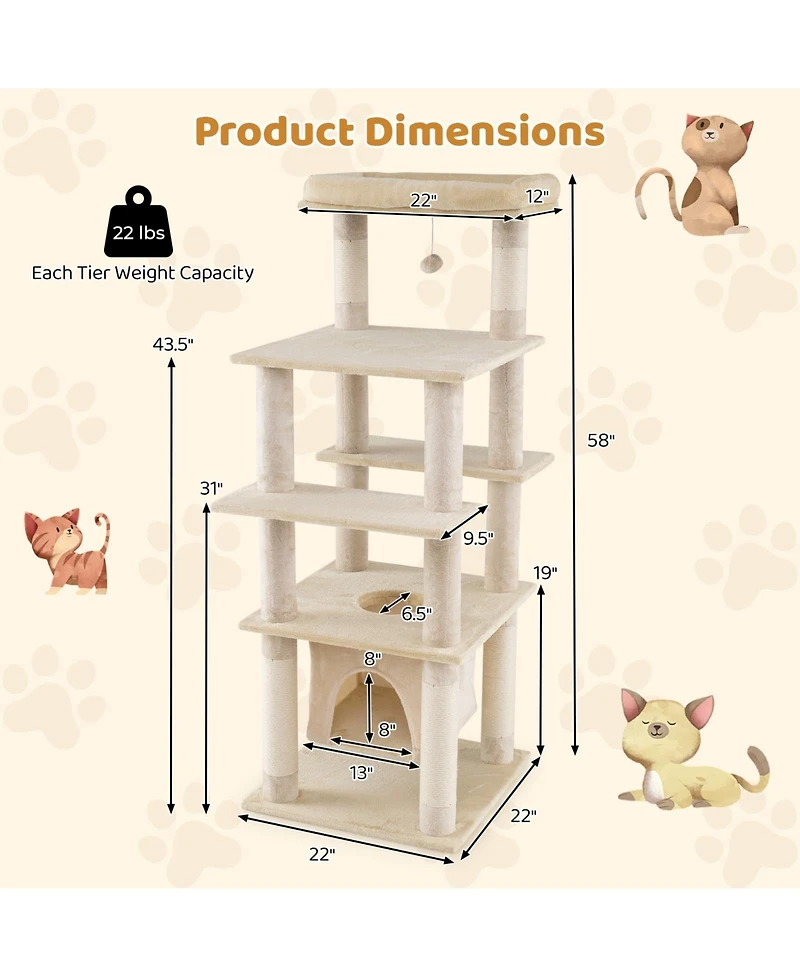 Cozito Cat Tree 58 inch with Swaying Aerial Condo and Perch Bed