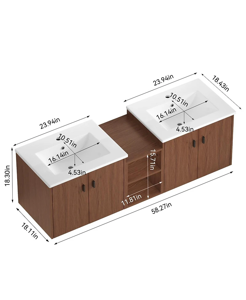 Sillysis 58 Inch Double Sink Wall Mounted Bathroom Vanity with Mdf Cabinet, Soft Close Doors and Storage Shelves, Modern Transitional Design-Sillysis