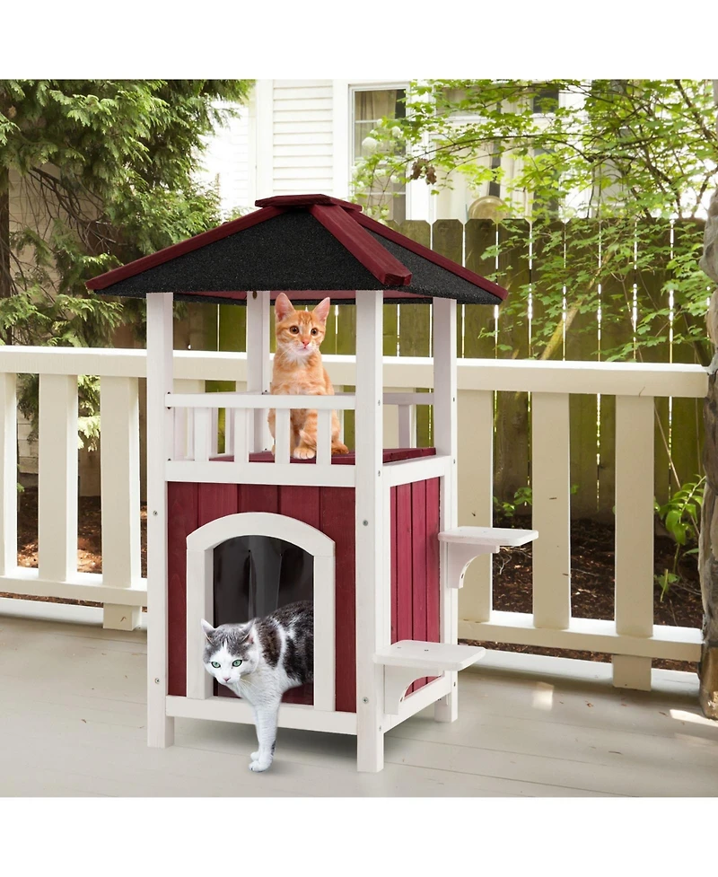 Cozito Cat House 2-Story Wooden with Asphalt Roof and Balcony