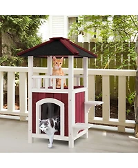 Cozito Cat House 2-Story Wooden with Asphalt Roof and Balcony
