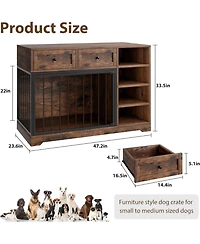 gaomon Dog Crate Furniture 47", Large Tv Stand with 2 Drawers and 4 Shelves, Wooden Kennel Indoor, Decorative Cage