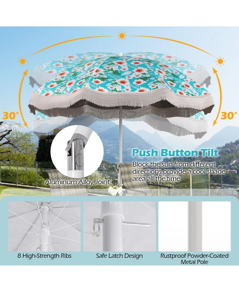 Gouun 6.5 ft Fringed Beach Umbrella with Upf 50+ Protection Push-Button Tilt and Sand Anchor