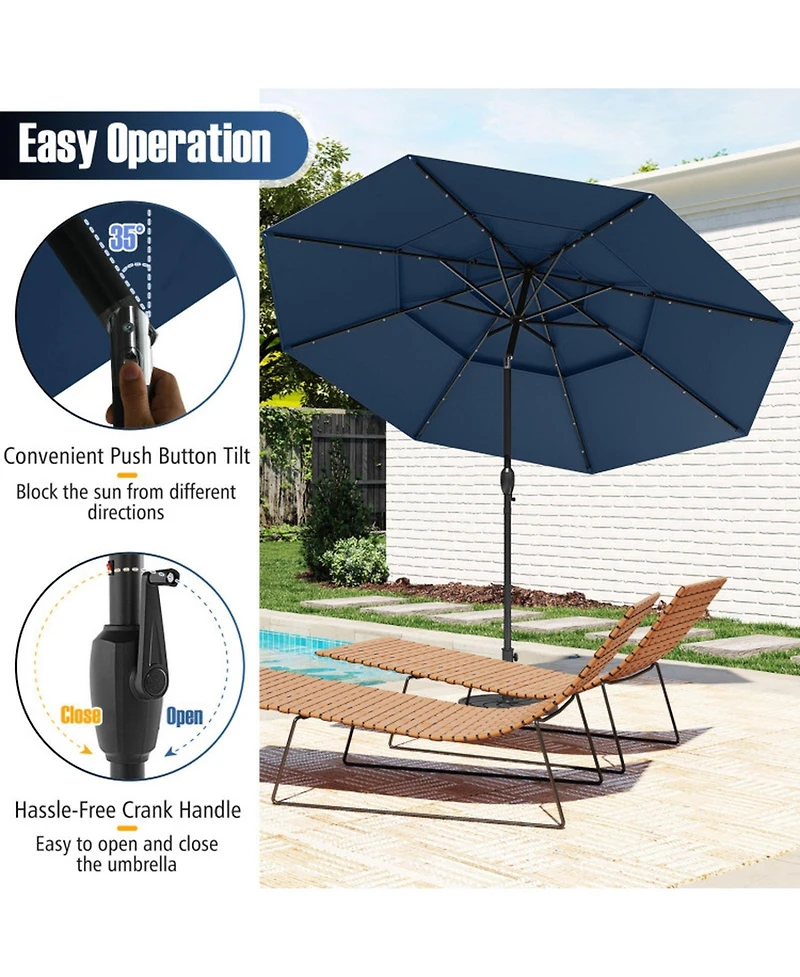 Gouun 10 ft Solar Patio Umbrella with 32 Led Lights and Three-Tier Vented Canopy