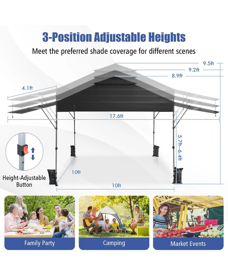 Gouun 10 x 17.6 ft Pop Up Canopy Tent with Dual Half Awnings and Wheeled Carry Bag