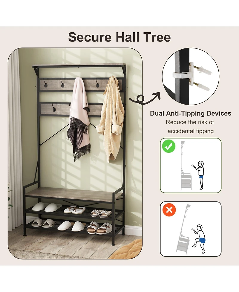 Sugift Coat Rack 4-In-1 Hall Tree with 11 Hanging Hooks Shoe Bench