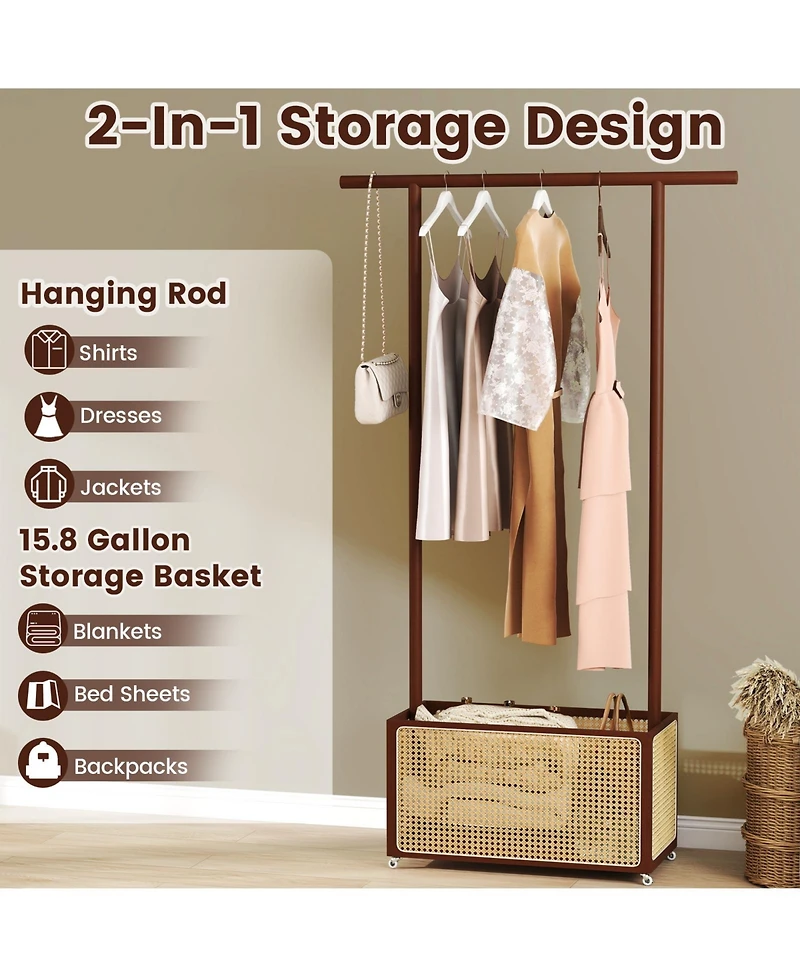 Sugift Bamboo Clothes Rack with Rattan Storage Basket and Wheels