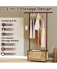 Sugift Bamboo Clothes Rack with Rattan Storage Basket and Wheels