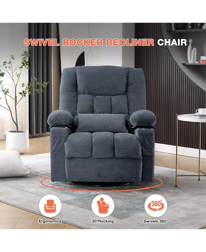 Rainsken Oversized Swivel Rocking Recliner Chair with Massage, Heating, Usb Port and Dual Cup Holders, Comfortable Single Sofa for Living Room