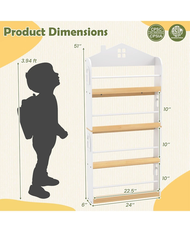 Sugift House-Shaped Kids Bookshelf with Anti-falling Baffles
