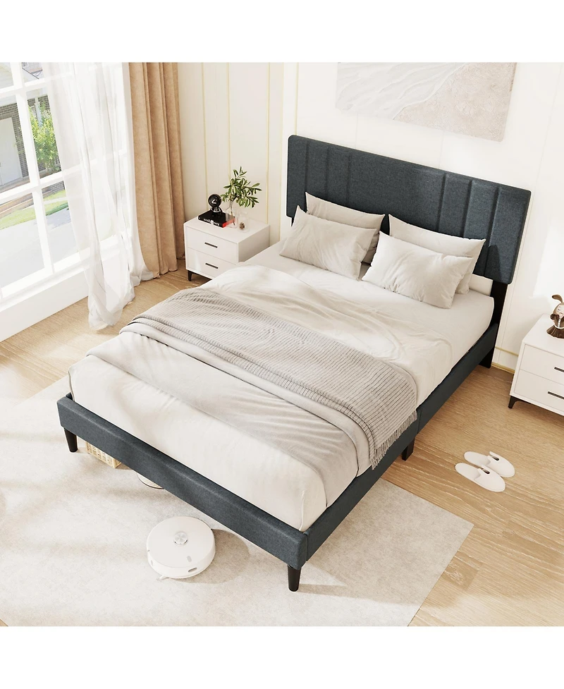 Sugift Bed Frame with Vertical Channel Tufted Headboard and Wooden Slats