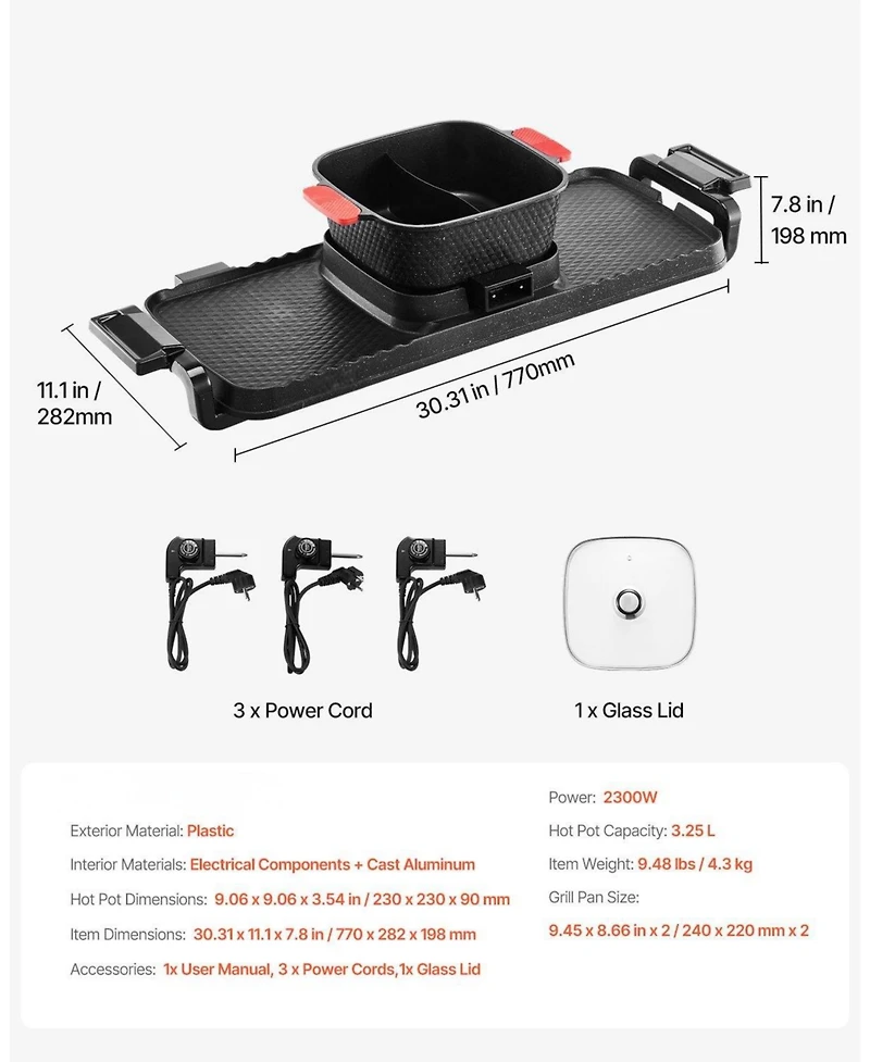 Ecooso 2300W 2-in-1 Electric Hot Pot with Grill, Removable Pot, Dual Temperature Control, Serves 1-6