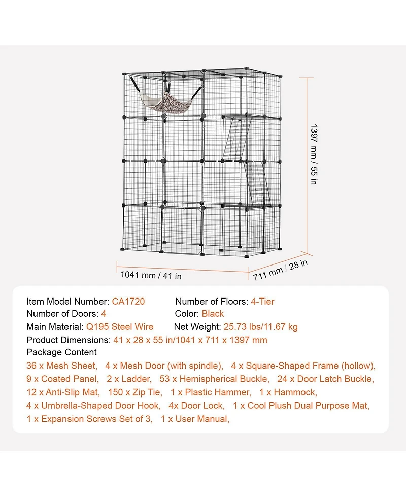 Cozito Cat Cage 4-Tier 41x28x55 in Metal Enclosure with 4 Doors