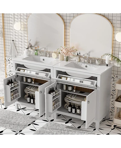 Sillysis 60 Inch Double Sink Bathroom Vanity with Ceramic Sinks, Solid Wood Frame, Flip-Out Drawer and Adjustable Shelf