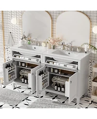Sillysis 60 Inch Double Sink Bathroom Vanity with Ceramic Sinks, Solid Wood Frame, Flip-Out Drawer and Adjustable Shelf