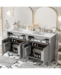 Sillysis 60 Inch Double Sink Bathroom Vanity with Ceramic Sinks, Solid Wood Frame, Flip-Out Drawer and Adjustable Shelf