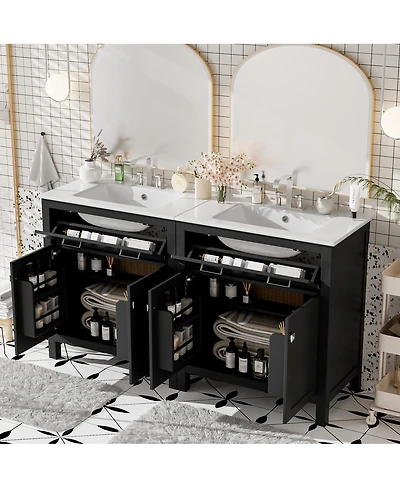 Sillysis 60 Inch Double Sink Bathroom Vanity with Ceramic Sinks, Solid Wood Frame, Flip-Out Drawer and Adjustable Shelf