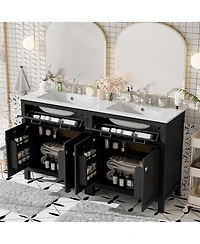 Sillysis 60 Inch Double Sink Bathroom Vanity with Ceramic Sinks, Solid Wood Frame, Flip-Out Drawer and Adjustable Shelf