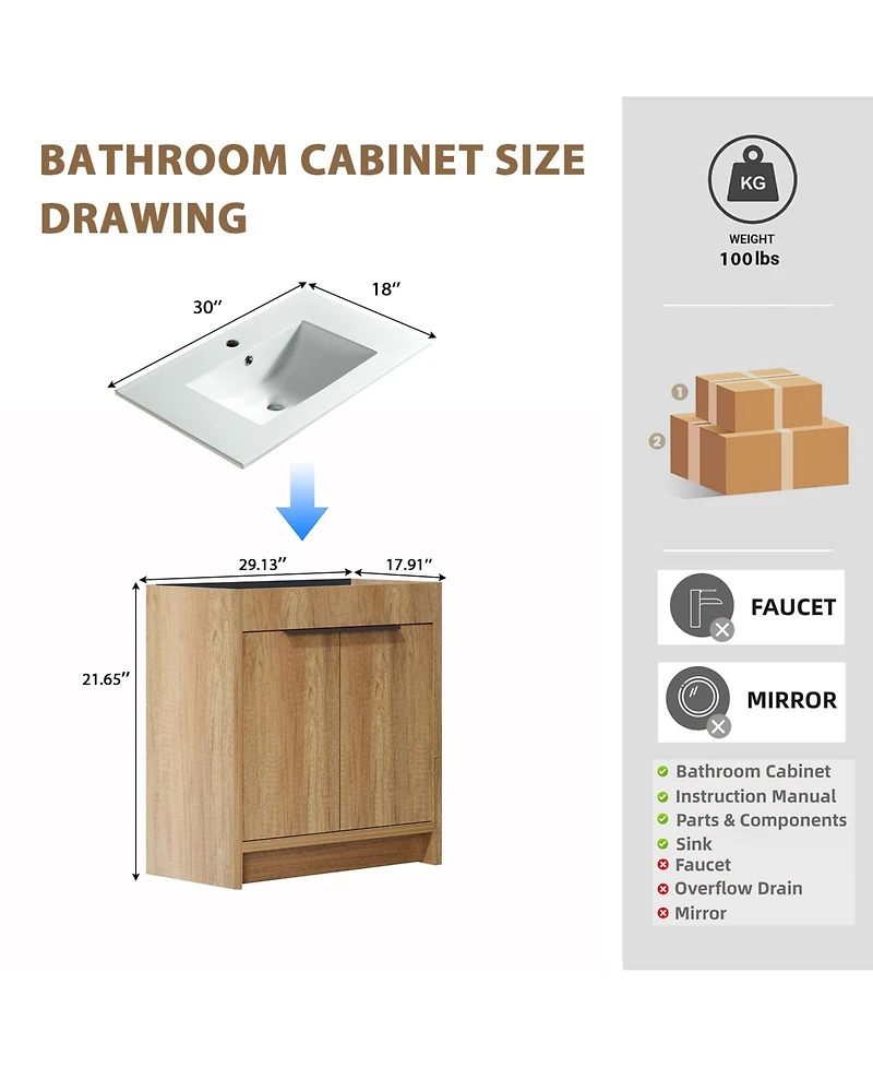 Busdays 30 Inch Floor Standing Bathroom Vanity with 3D Grooved Panel Integrated Ceramic Sink Modern Freestanding Cabinet