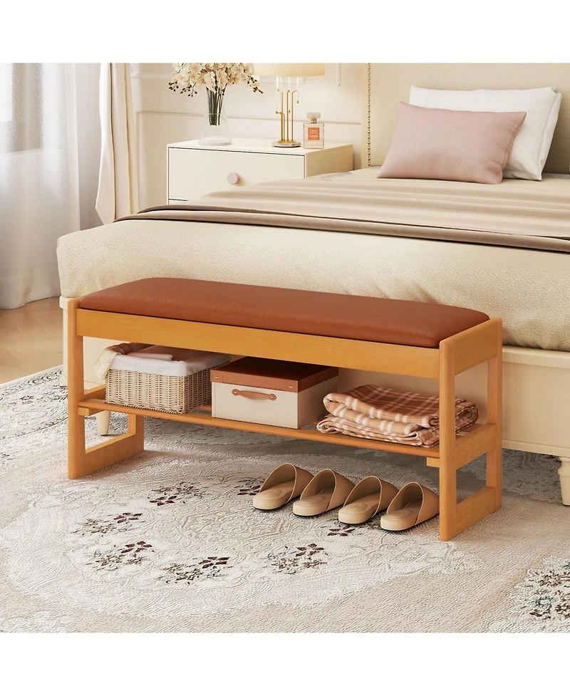 Gouun 2-Tier Rubberwood Shoe Bench with Flip-Open Storage