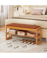 Gouun 2-Tier Rubberwood Shoe Bench with Flip-Open Storage