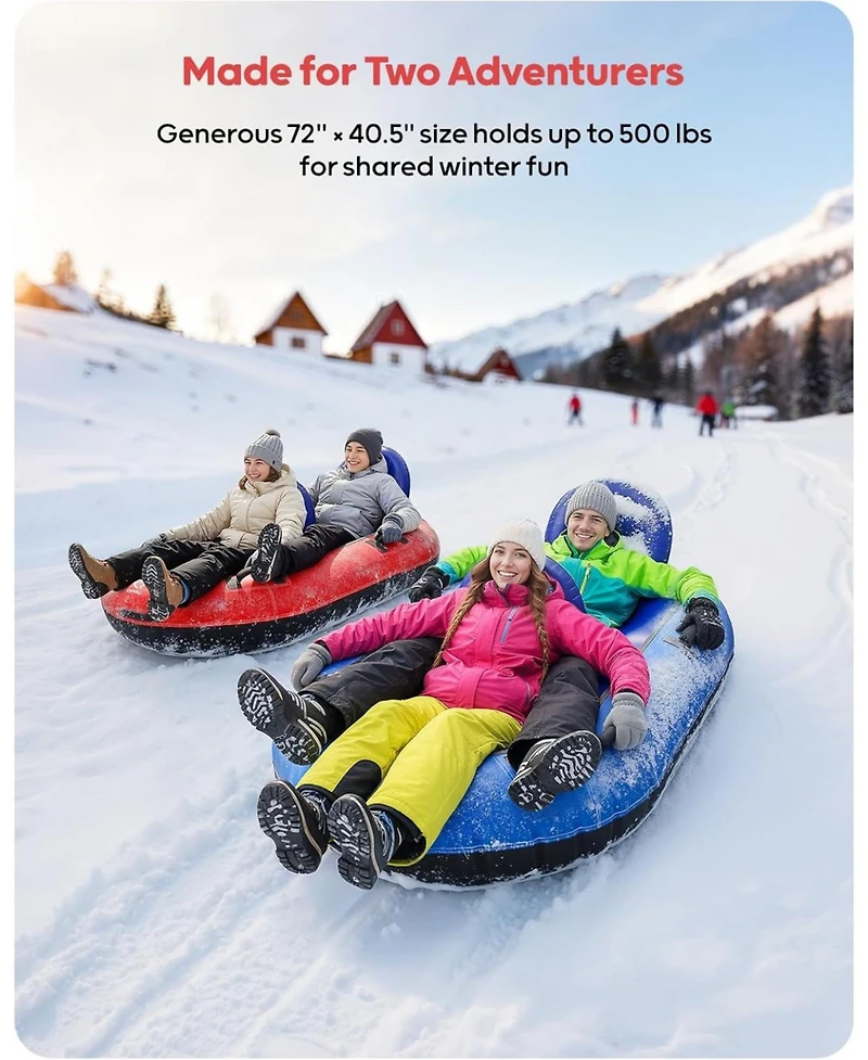 Qpau 2-Person Inflatable Snow Tube with Dual Backrests and Tow Rope, Heavy Duty Canvas-Covered Blow Up Snow Sled