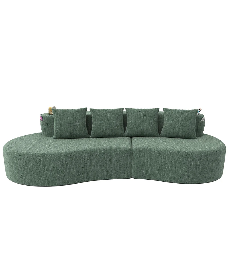 Rainsken Chenille Fabric Half Moon Sofa, 3-Seater Modern Curved Modular Sectional with Cup Holders and Side Pockets for Household Decor